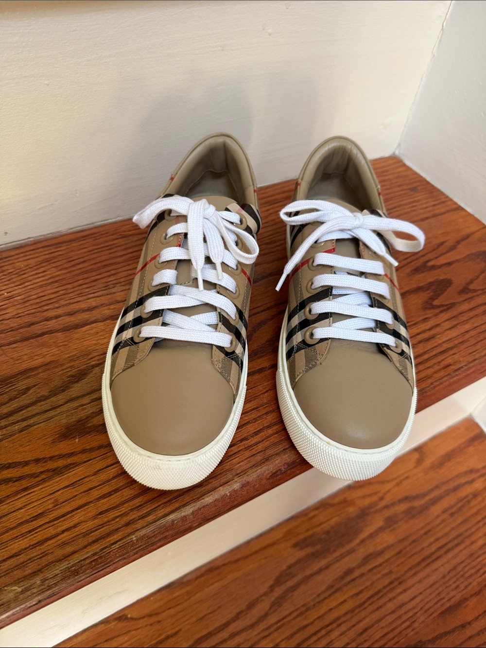 Burberry Tan Check Leather Low-Top Sneakers with White Laces
